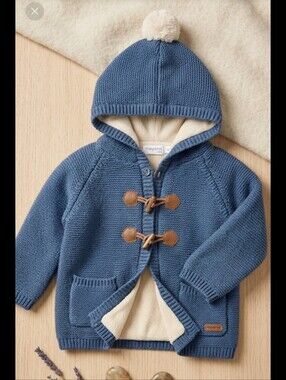 Blue Knit Hooded Cardigan Coat with Toggle Closures